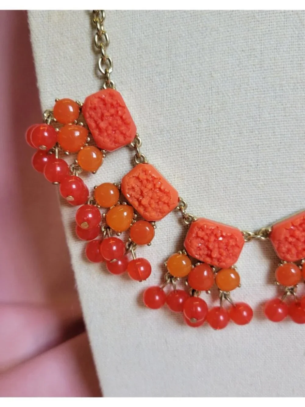 Bright Orange Gold Tone Chain Beaded Dangle Costume Necklace N1A